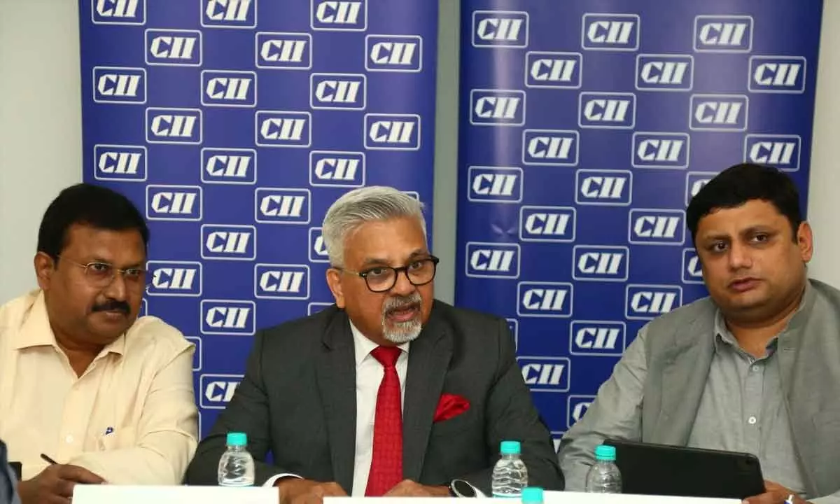 Kamal Bali, Chairman, CII Southern Region, president & MD, Volvo Group India (Centre); DM Lakshmi Prasad, Chairman, CII AP & MD, Sujay Biotech Pvt Ltd; NMP Jayesh, Regional Director, CII, Southern Region, at a meeting in Visakhapatnam on Thursday