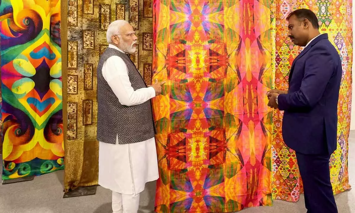 Prime Minister Narendra Modi during the inauguration of Bharat Tex 2024, at Bharat Mandapam, in New Delhi on Monday