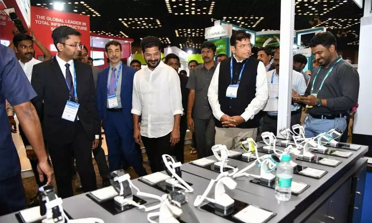 Telangana Chief Minister A Revanth Reddy and IT Minister  D Sridhar Babu at BioAsia expo 2024 in Hyderabad on Tuesday