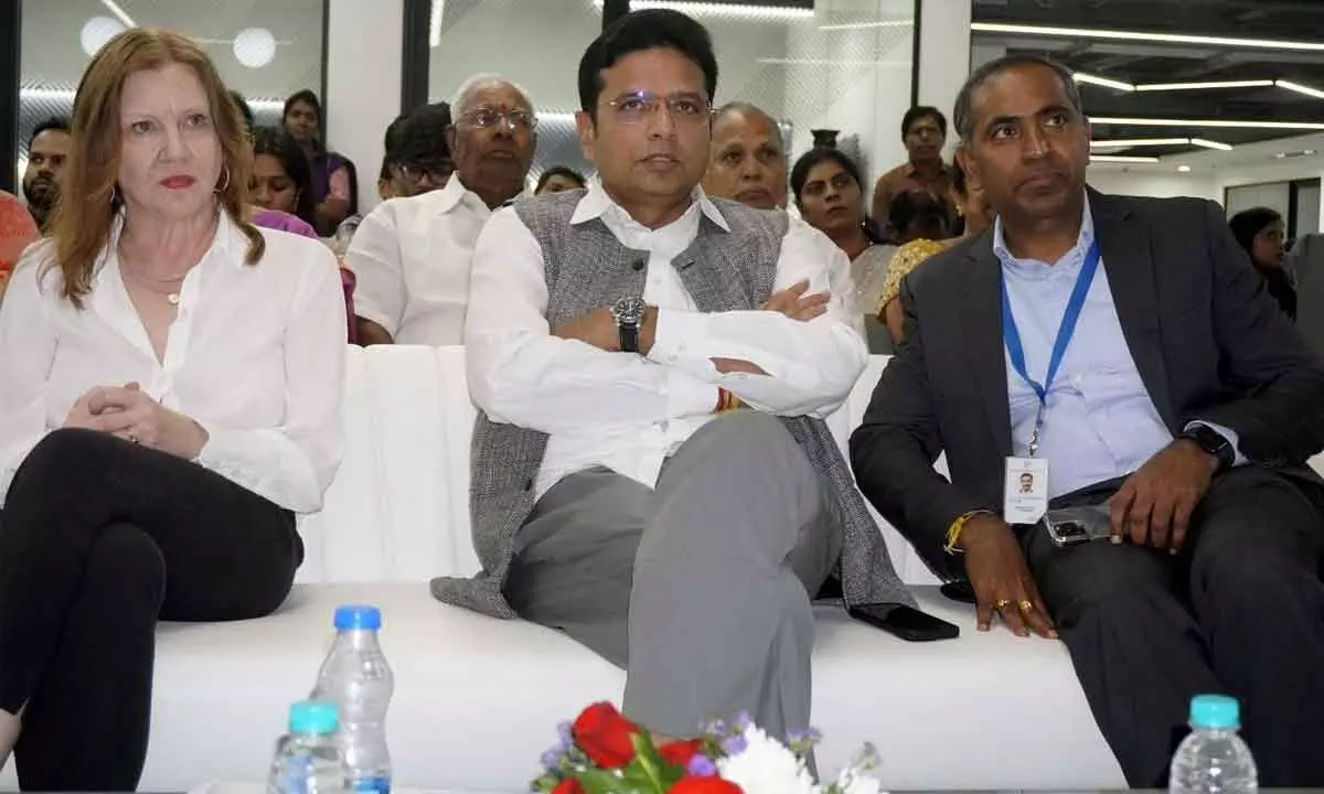 (From left) Jennifer Larson, US Consul General in Hyderabad; D Sridhar Babu, Telangana IT Minister, and J P Vejendla, CEO, Forsys Inc during the launch of new office in Hyderabad on Thursday