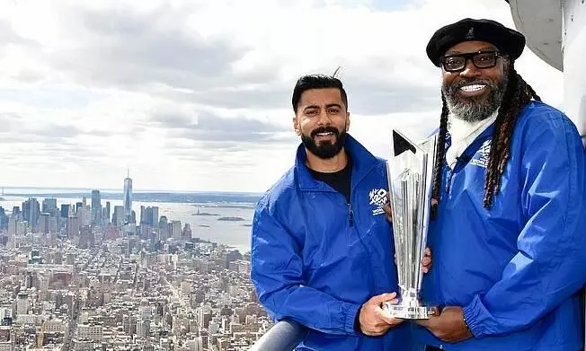 Chris Gayle, Ali Khan Launch T20 World Cup Trophy Tour in New York; WI Legend pulls Indian Fans Leg