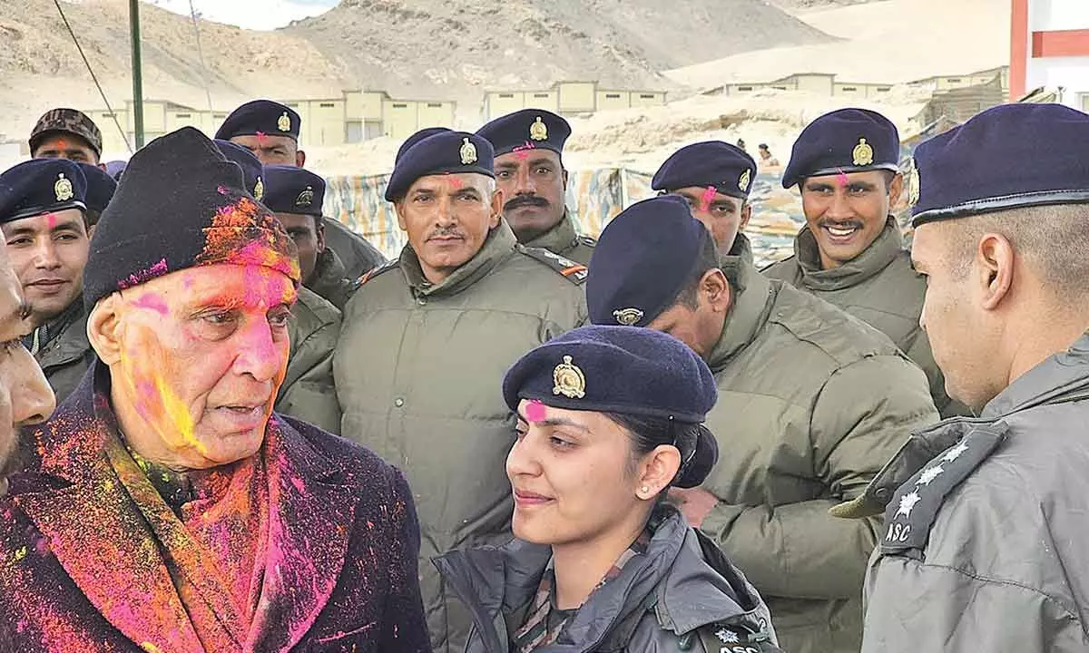 Rajnath celebrates Holi with soldiers in Leh