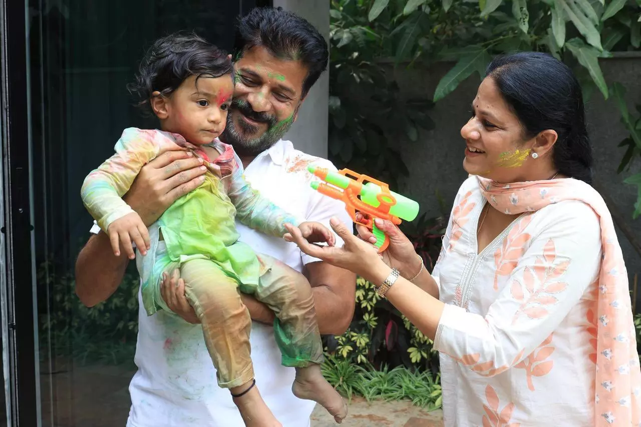 Telangana CM celebrates Holi with grandson