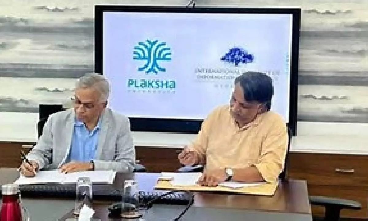 Prof Rudra Pratap, Founding Vice Chancellor, Plaksha University and Prof P J Narayanan, Director, IIIT Hyderabad during MoU signing in Hyderabad