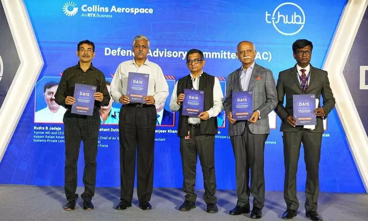 (From left) Jayesh Ranjan, Telangana Special Chief Secretary of Industries; Giridhar Aramane, Defence Secretary, Ministry of Defence; M Srinivas Rao, CEO, T-Hub; BVR Mohan Reddy, Founder, Cyient and Anish Anthony, COO, T-Hub launching the T-Hub Defence Vertical’s magazine at the Summit in Hyderabad on Wednesday