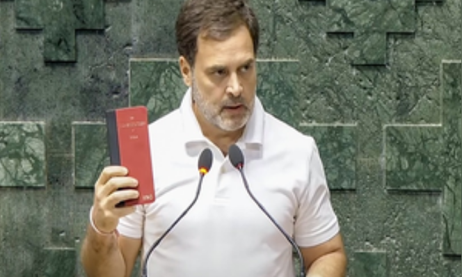 Preface of Constitution copy that Rahul flashes faults Nehrus policy, Emergency