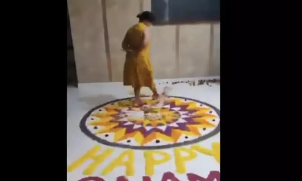 Bengaluru woman faces backlash for destroying childrens Onam Pookalam in viral video