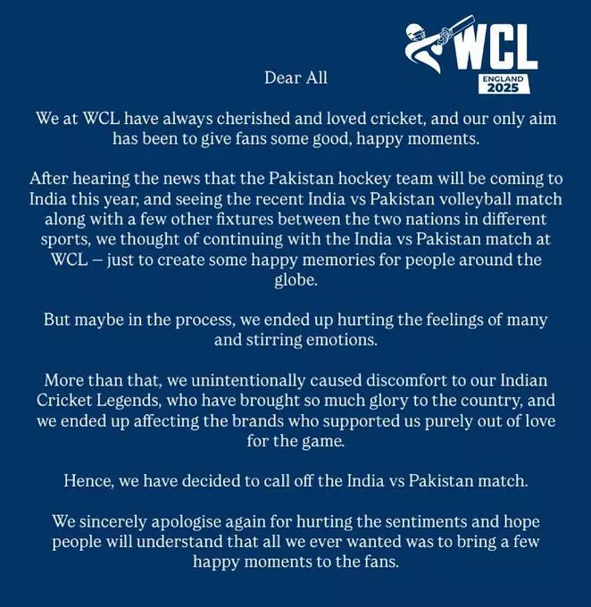 India vs Pakistan Match Cancelled at WCL 2025 After Backlash From Legends, Sponsors India vs Pakistan Match Cancelled at WCL 2025 After Backlash From Legends, Sponsors