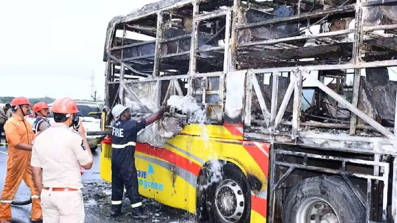 Bengaluru-bound bus catches fire near Kurnool, 20 killed Bengaluru-bound bus catches fire near Kurnool, 20 killed