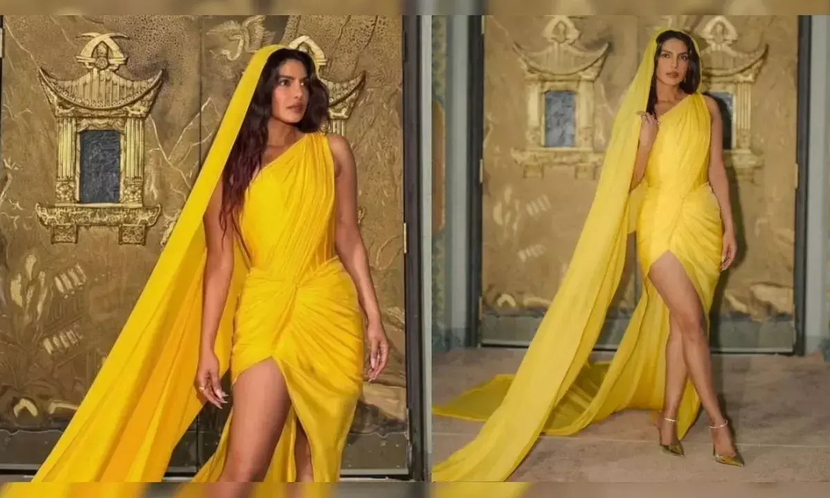 Priyanka Chopra Stuns in Yellow Gaurav Gupta Saree-Gown at the Bluff After-Party;  Nick Jonas Wins Hearts Wearing Her Mangalsutra Bracelet